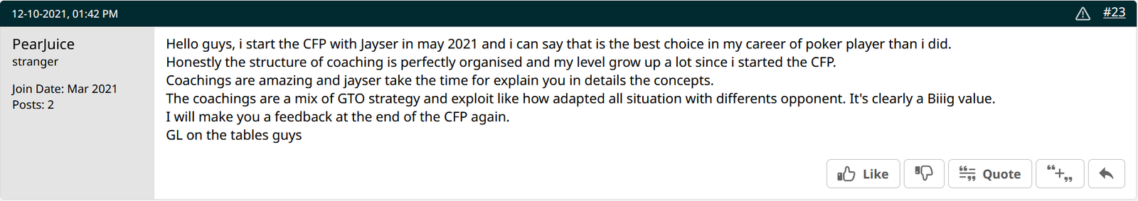 2+2 forum review from PearJuice on the CFP coaching program