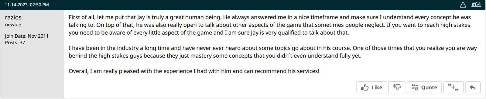 2+2 forum review from razios on Jay as a coach and person